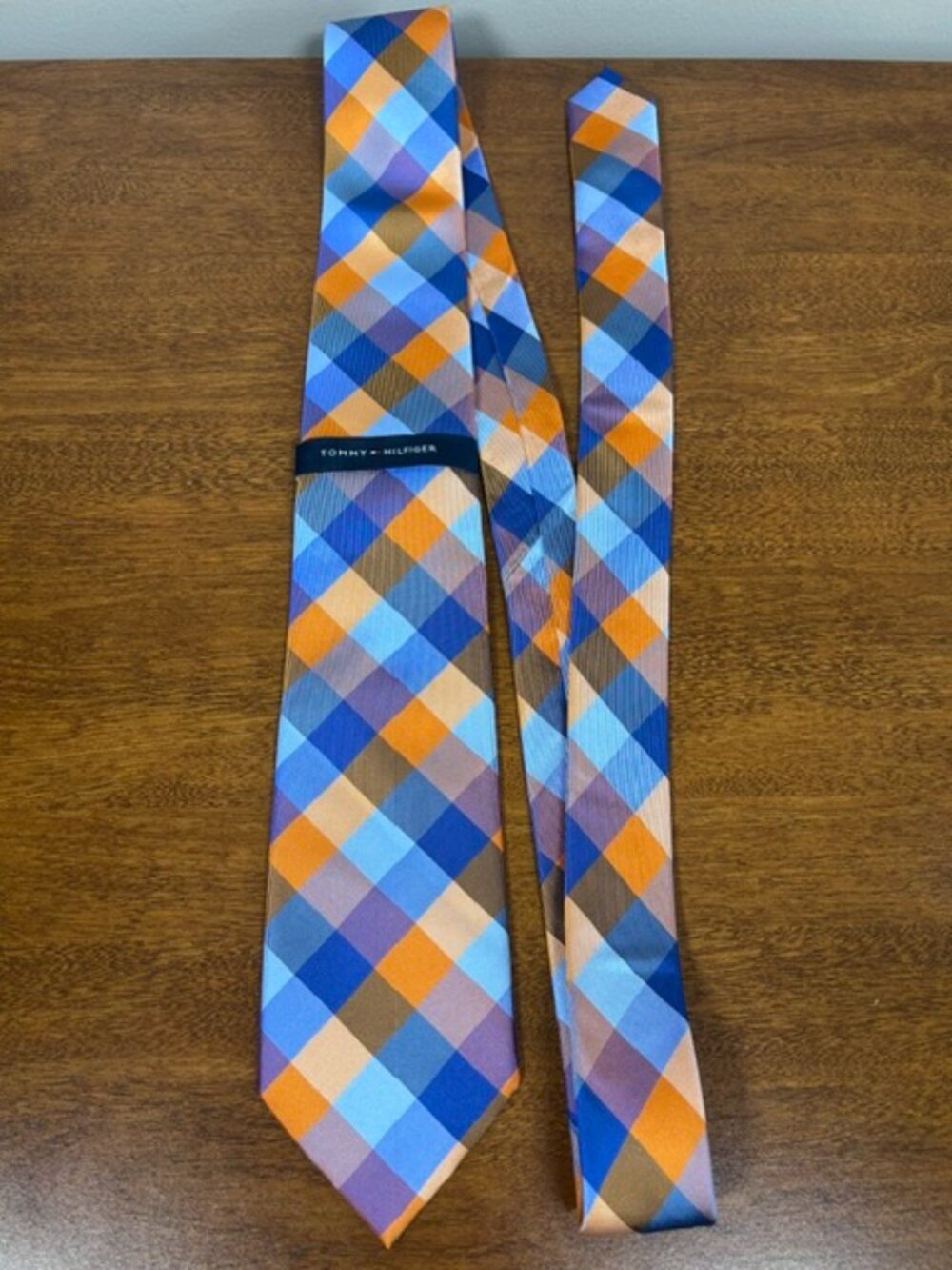 Tommy Hilfiger Buffalo Check Tartan 100% Silk Tie Orange Navy Light Blue Purple